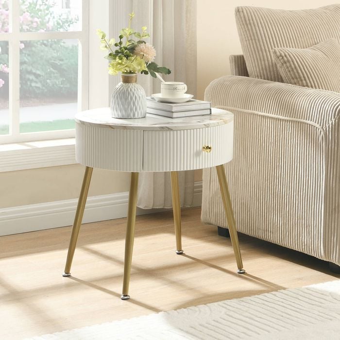 Homfurn Round Faux Marble End Table With Drawer, Modern Nightstand With White Fluted Frame & Gold Metal Legs