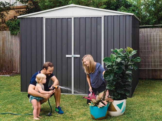 A family watering a plant at the front of a shed outside.