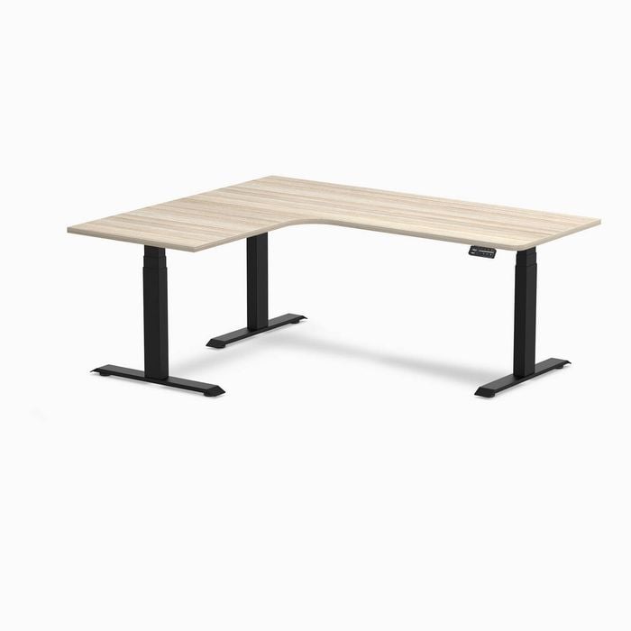 Desky L-shape Sit To Stand Classic Oak Melamine Desk 1800x1500mm - Left Return Height Adjustable Matte Black Leg