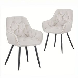 BRIBRION x2 Velvet Dining Chair with Arms Black Metal Legs Tufted Back Armrests Accent Vanity White