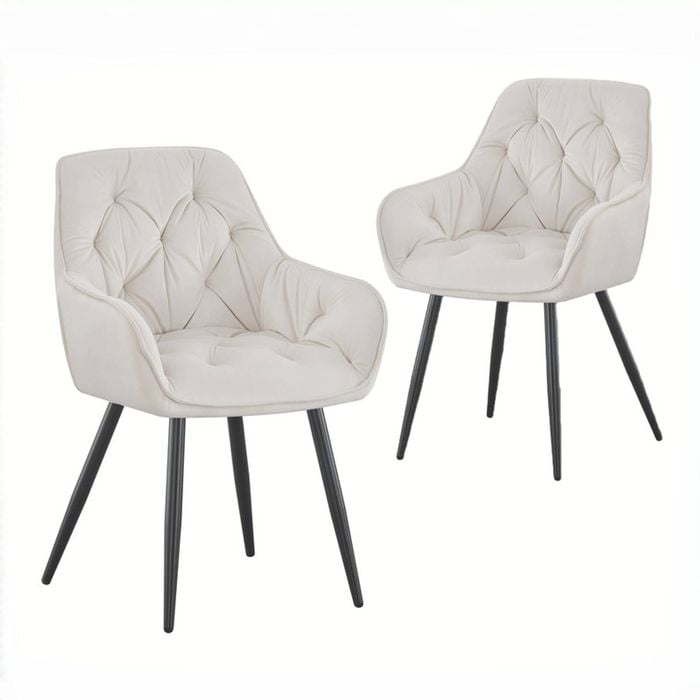BRIBRION x2 Velvet Dining Chair with Arms Black Metal Legs Tufted Back Armrests Accent Vanity White