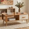 Homfurn Nordic Coffee Table – Scandinavian Style, White Sliding Drawer, Solid Pine Legs, 100cm, Natural & White