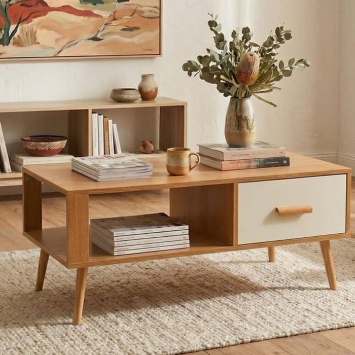 Homfurn Nordic Coffee Table – Scandinavian Style, White Sliding Drawer, Solid Pine Legs, 100cm, Natural & White