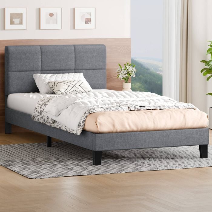 Alfordson Bed Frame Single Size Wooden Slats Platform Fabric Grey Paula
