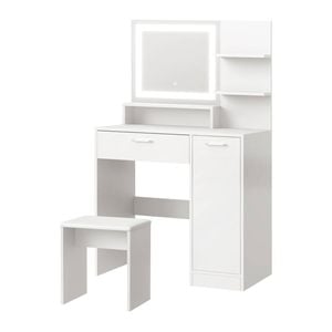 Oikiture Dressing Table Stool Set Makeup Mirror Large Cabinet White