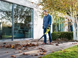 man using leaf blower
