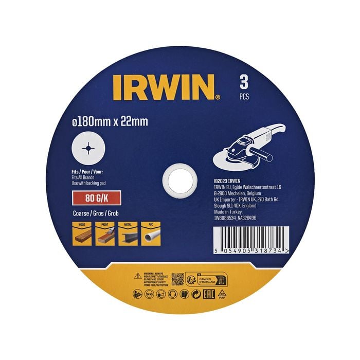 IRWIN 180mm 80 Grit Fibre Sanding Disc - 3 Pack