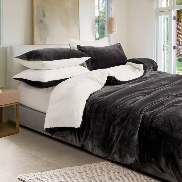 Gioia Casa Microfiber 2 in 1 Teddy Sherpa Quilt Cover Set & Blanket with Matching Pillowcase - Charcoal - Single Size