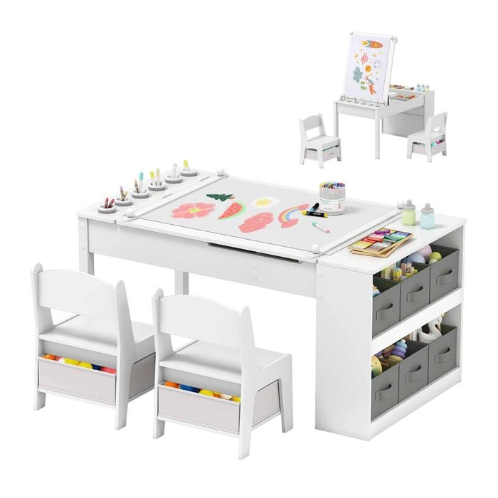 Costway Art Table & Chairs Set W/lifting Desk Top & Storage White