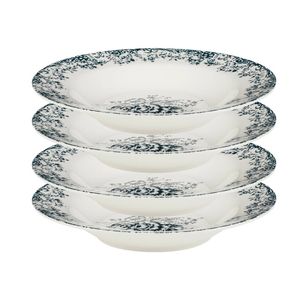 4x Casa Domani Rosetta Rim Soup Bowl Antique Blue Porcelain 23cm Dishwasher Safe