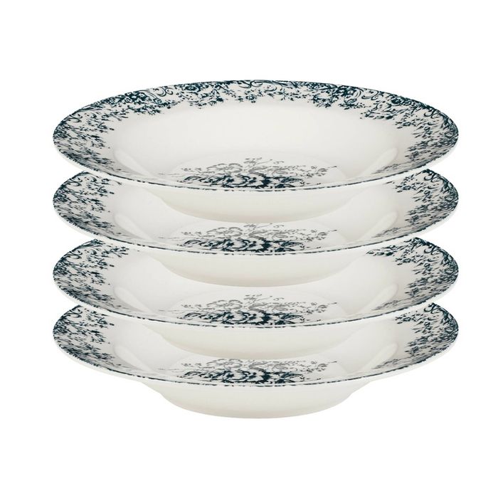 4x Casa Domani Rosetta Rim Soup Bowl Antique Blue Porcelain 23cm Dishwasher Safe