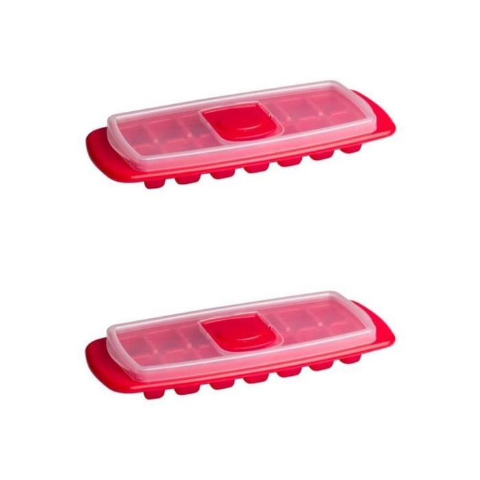 2x Cuisena 30cm Airtight Stackable Ice Cube Tray Maker Freezer Mould W/ Lid Red