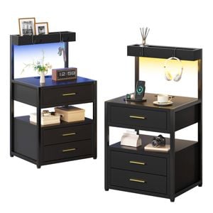 Ufurniture Side Table Set of 2 with Charging Station and LED Lights Bedside Table  3 Drawers and Open Shelves Black
