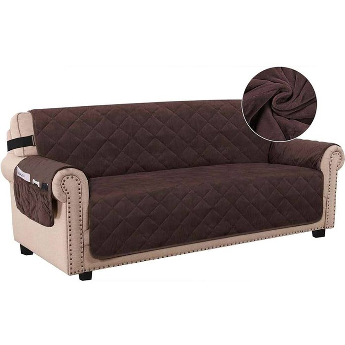 Smarcute 4 Seater Velvet Sofa Couch Cushion Cover With Non-slip Elastic Straps Brown