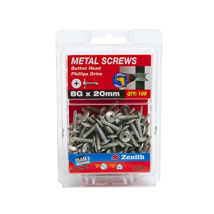 Zenith 8G x 20mm Galvanised Button Head Metal Screws - 100 Pack