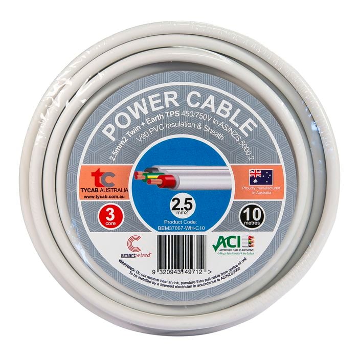 Tycab 2.5mm² x 10m White TPS 2 Core And Earth Cable