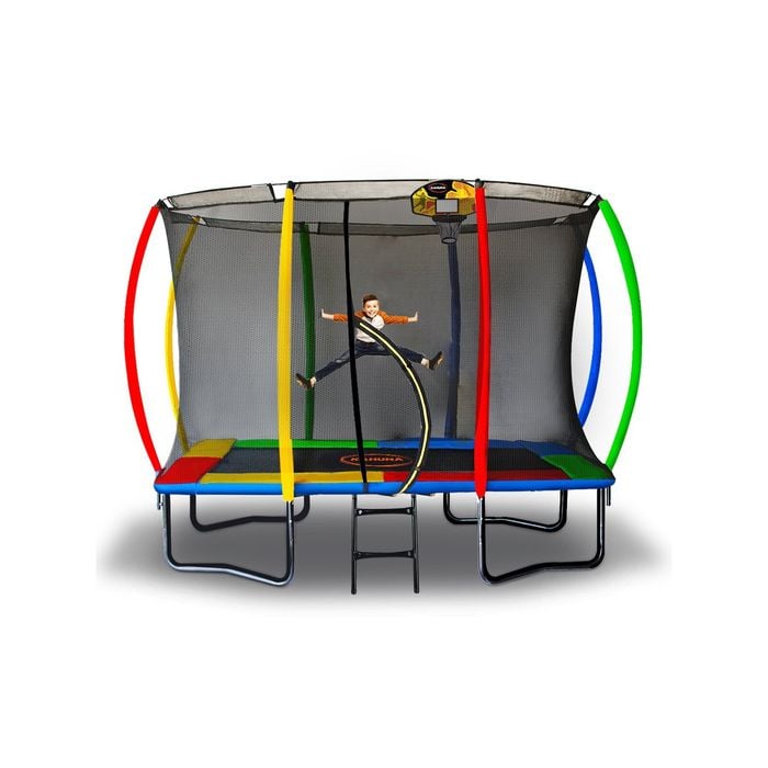 Kahuna Trampoline 8 Ft X 11 Ft Outdoor Rectangular Rainbow With Basketball Set