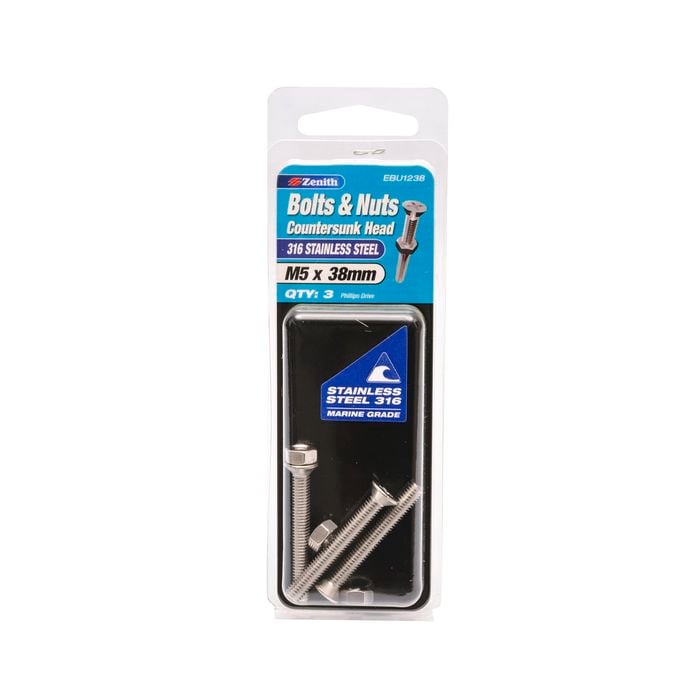 Zenith Bolt & Nut M 5x 38mm CSK Head SS316  3pk