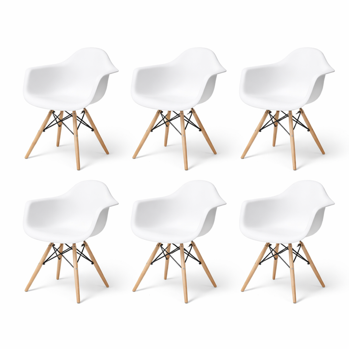 Foret Mid-century Kids Plastic Armchair Natural Wood Legs White Set Of 6