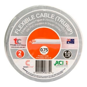 Tycab Cables 0.75mm² x 10m White 2 Core V90 Flexi Cable