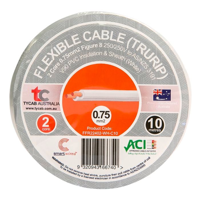 Tycab Cables 0.75mm² x 10m White 2 Core V90 Flexi Cable