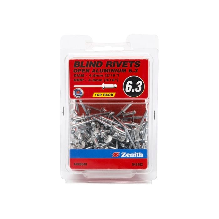 Zenith Blind Rivet Open Alum 3/16"D x 3/16"G 100pk