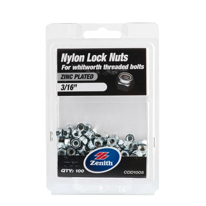 Zenith 3/16" Zinc Plated Nylon Lock Nut - 100 Pack