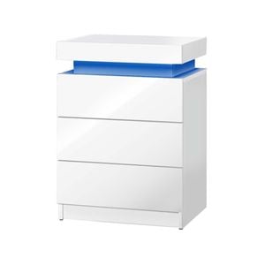 Oikiture Bedside Table RGB LED Nightstand Cabinet 3 Drawers White
