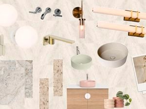 Bathroom design mood board combining natural stone and terrazzo-inspired surfaces, timber cabinetry, pastel vessel basins, brass and chrome tapware, decorative lighting and soft neutral finishes.
