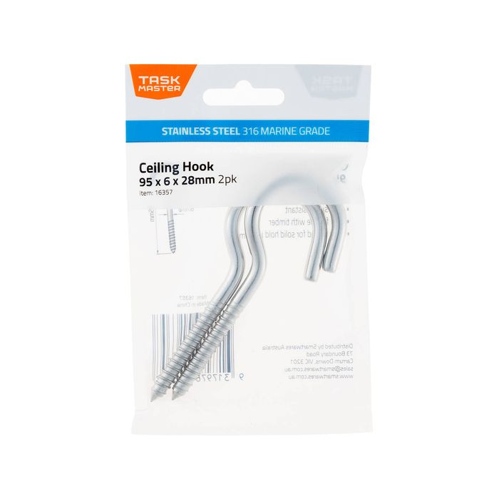 Taskmaster 95 x 6 x 28mm 316 Stainless Steel Ceiling Hook - 2 Pack