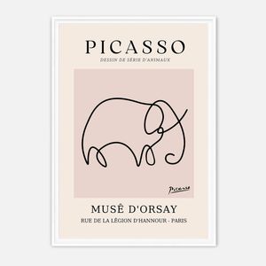 Galrie Picasso Minimalist Elephant Art Print - Iconic Line Drawing for Home Decor, White Frame, A1 60 x 84cm (23 x 33inch)