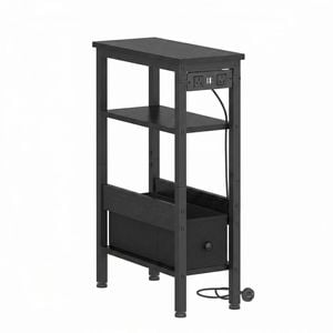 Ufurniture LED Side Table with Charging Station Narrow Bedside End Table with topless Drawer & Shelf Black