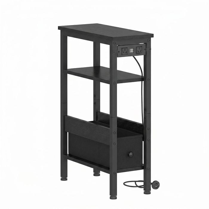 Ufurniture LED Side Table with Charging Station Narrow Bedside End Table with topless Drawer & Shelf Black