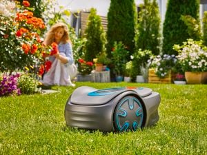 Gardena robotic lawn mower on the lawn with woman in background pruning roses