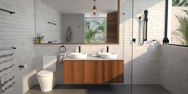 Bathroom With Black matte bathroom fittings, White basins and a timber floating vanity