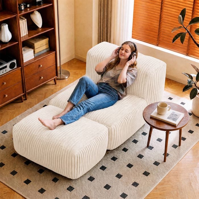 Advwin Big Bean Bag Chair Lazy Floor Sofa w/ Foldable Ottoman No Assembly Boneless Lounger Beige