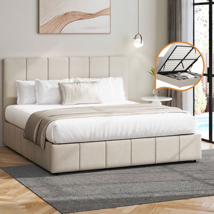 Oikiture Bed Frame Gas Lift Beige Fabric- Queen