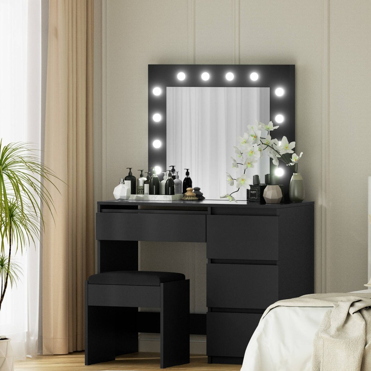 dolce gabbana lace dress black Premium Black Solid Wood Makeup Vanity with LED Mirror & Stylish Chair –  High QLO main image 1