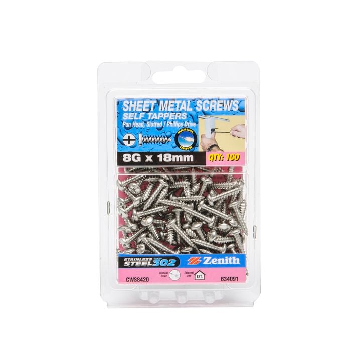 Zenith 8G x 18mm Stainless Steel Pan Head Sheet Metal Screws - 100 Pack