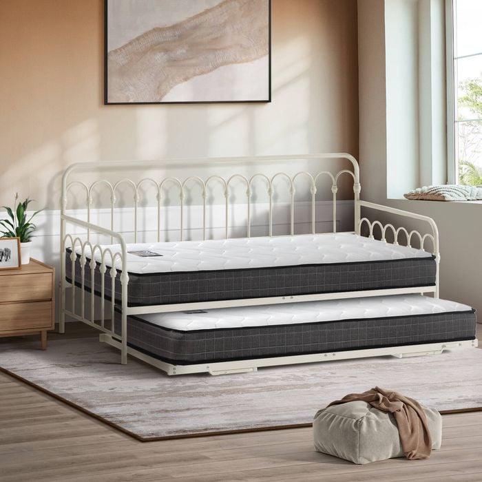 Oikiture Trundle Bed Frame Daybed Single Size Metal Base Beige with Mattress x2