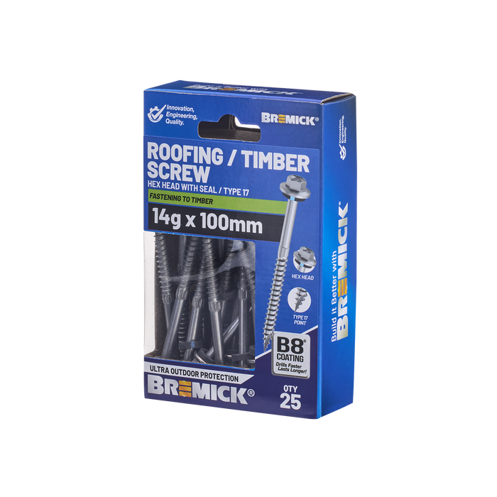 Bremick Hex Timber Screw 14g x 100mm B8 BOX 25