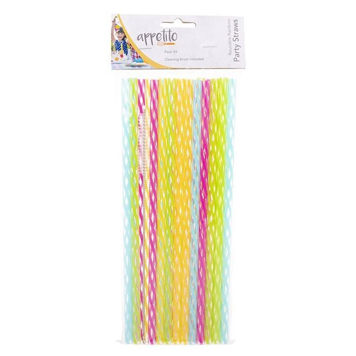 24pc Appetito Reusable Rainbow Party Straw w/ Cleaning Brush