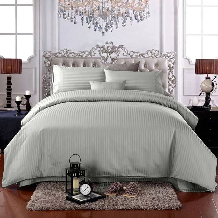 CottonMore 100% Cotton 650TC 1cm Sateen Striped Light Grey Quilt Cover Set - Single
