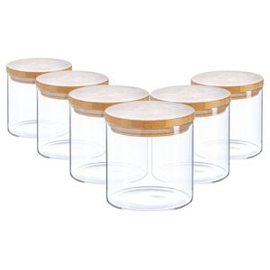 Argon Tableware Glass Storage Jar - Wooden Lid - 550ml - Modern Round Scandi Organisation Container Glass Jar - Set Of 6