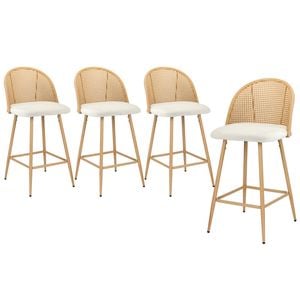 Oikiture 4x Bar Stools Rattan Back Boucle Fabric White