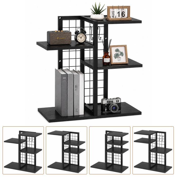 Advwin 4-Tier Wood Desktop Bookshelf with Adjustable Shelf, Versatile Desk Organizer with Metal Grid & Hooks Black