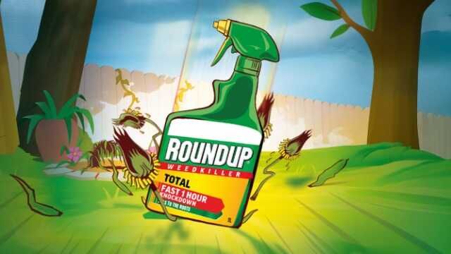 An illustration of a RoundUp weed killer spray bottle on grass in a backyard with weeds surrounding
