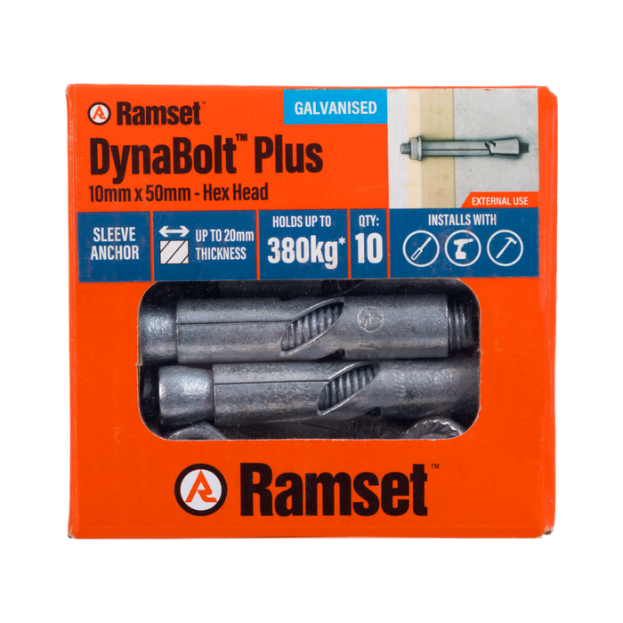 Ramset 10 x 50mm Galvanised DynaBolt Plus Hex Nut Bolt - 10 Pack