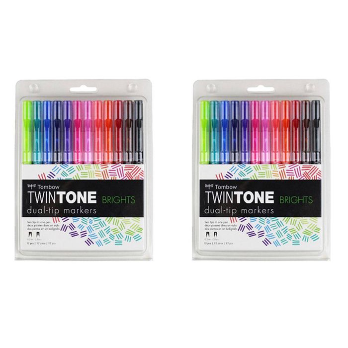 2x 12pc Tombow Twintone Dual Tip Marker Drawing  Bullet/extra Fine Tip Brights