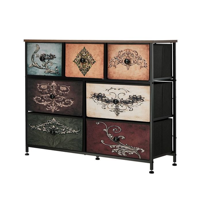 Oikiture 7 Chest Of Drawers Retro Tallboy Printed Foldable Fabric Drawers